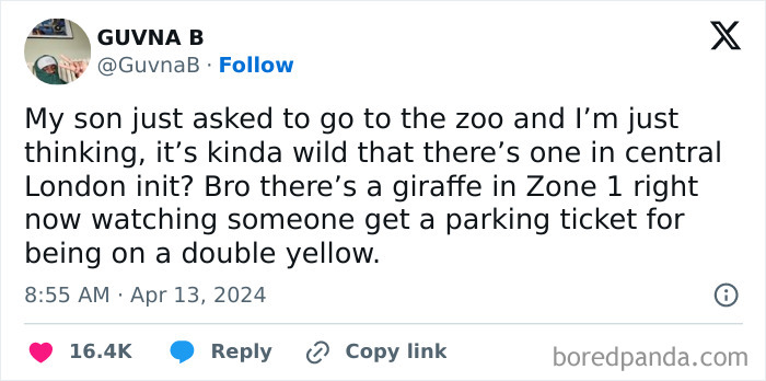 Tweet about a London zoo giraffe near Zone 1 parking, part of Great London Memes showcasing UK humor online.