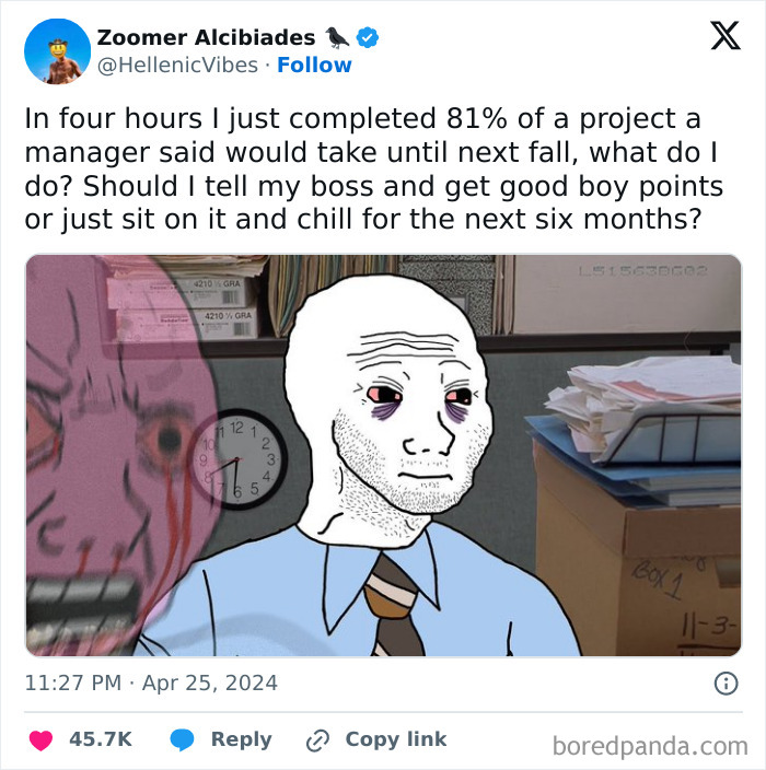 Alt text: Stressed worker in office surrounded by paperwork and clock, illustrating nightmare parts of working in 2025.