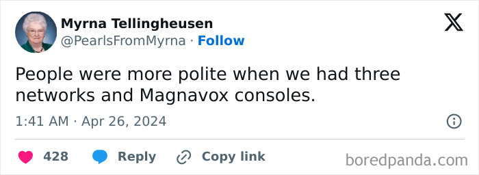 Internet’s funniest grandma sharing a witty tweet about nostalgia, technology, and polite conversation in the past.