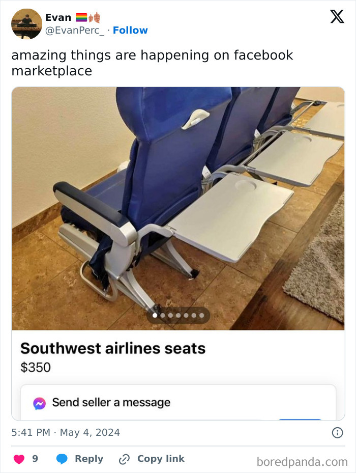 Southwest Airlines seats with attached tray tables listed for sale on Facebook Marketplace in a home setting.