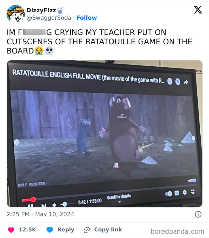 Teacher showing Ratatouille game cutscenes on screen, highlighting funny teachers with great sense of humor in classroom.