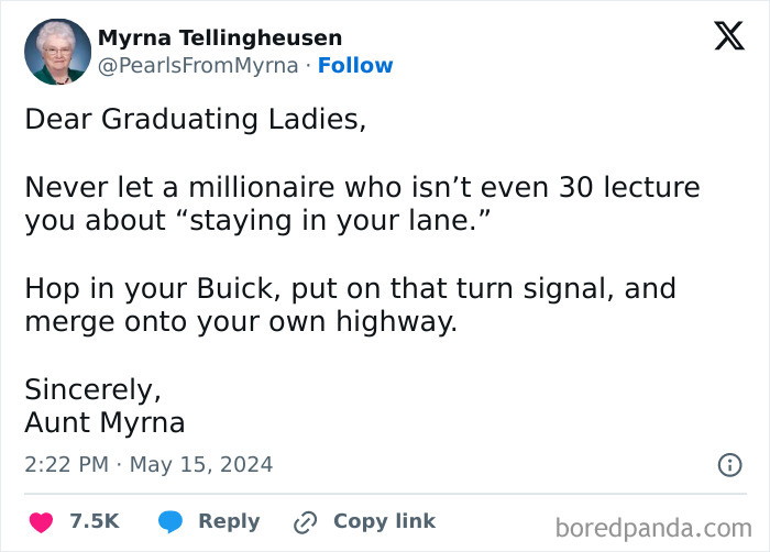 Screenshot of a tweet by the internet’s funniest grandma sharing a witty graduation message and life advice.