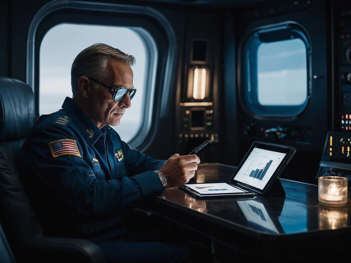 Pilot in uniform reviewing data charts on tablets inside airplane cockpit, illustrating mind-boggling conversations with adults.