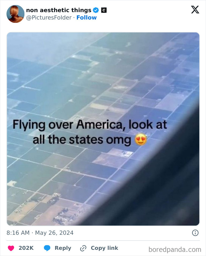 Aerial view of farmland from a plane window with text about flying over America states on TikTok screenshot.