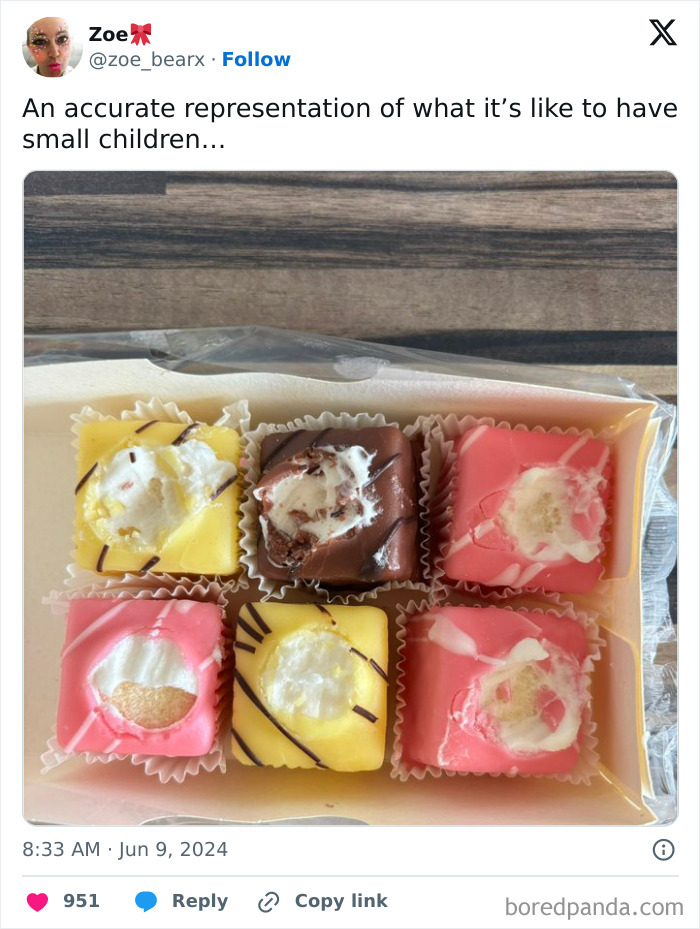 Box of colorful marshmallow treats with missing bites, illustrating chaotic moments with small children, viral memes theme.