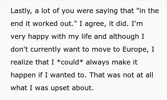 Text excerpt reflecting a woman learning the truth about why she never got to study abroad and her feelings about it. Text excerpt reflecting a woman learning the truth about why she never got to study abroad and her feelings about it.