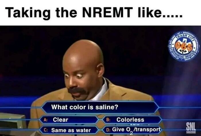Man looking confused while answering a quiz question about saline color, EMT and paramedic humor meme.
