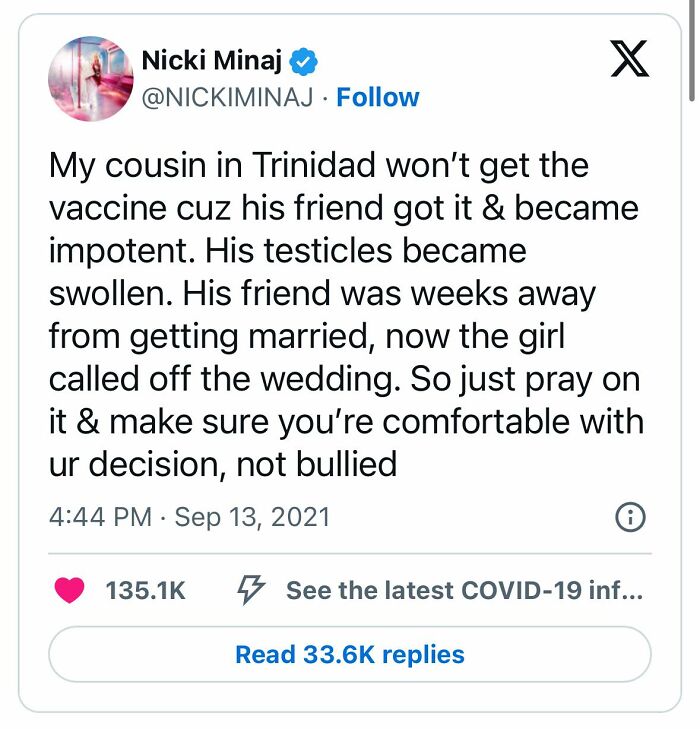 Tweet claiming vaccine caused impotence and wedding cancellation, illustrating absurd scientific takes in modern society.