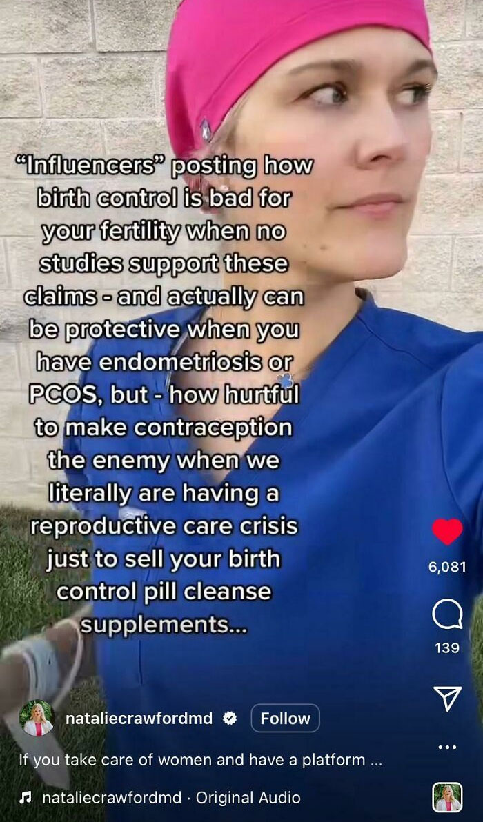 Woman in pink head covering and blue scrubs debating birth control claims in a social media video about fitness influencers at the gym.