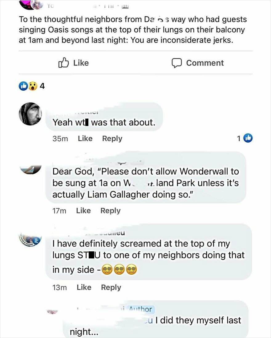 Screenshot of a social media conversation highlighting noisy neighbors, emphasizing why some prefer to live in the middle of nowhere.