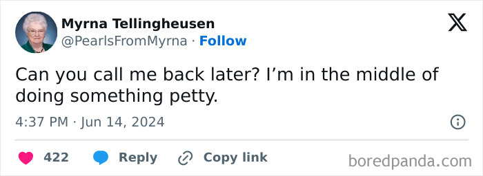 Twitter post from internet’s funniest grandma sharing a sharp, witty joke about being petty with 422 likes and active engagement.
