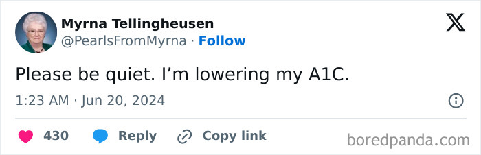 Internet’s funniest grandma sharing a witty joke about lowering her A1C, showcasing sharp humor and charm.