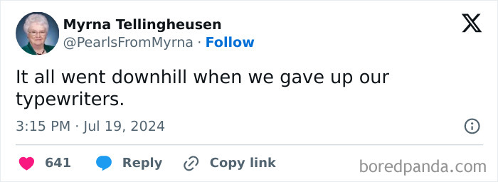 Screenshot of a tweet by internet’s funniest grandma sharing a sharp joke about giving up typewriters.