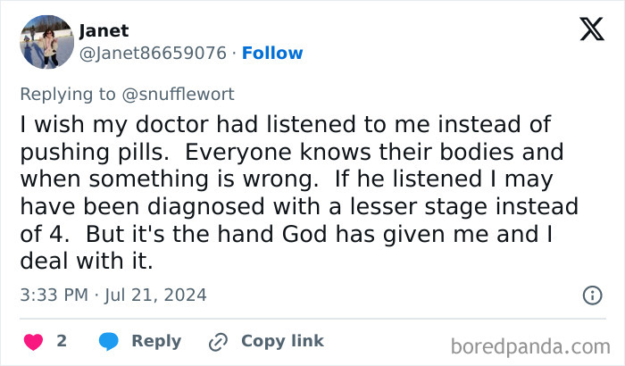 Woman revealing symptoms her doctor misunderstood before shocking cancer diagnosis in a social media post.