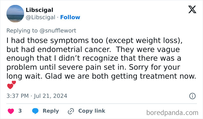 Tweet text about woman sharing symptoms and experience with endometrial cancer before diagnosis and treatment begins.