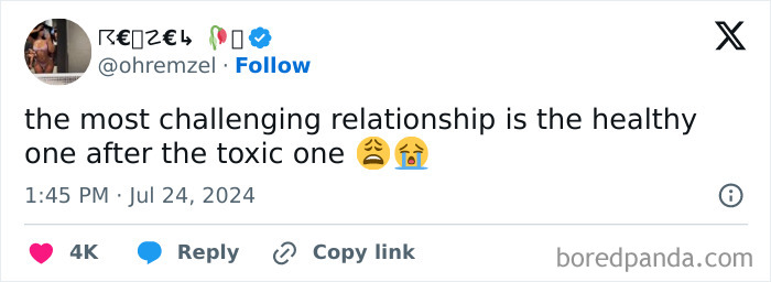 Tweet about challenging relationships after toxic ones with sad emojis, illustrating unhinged memes about dating.