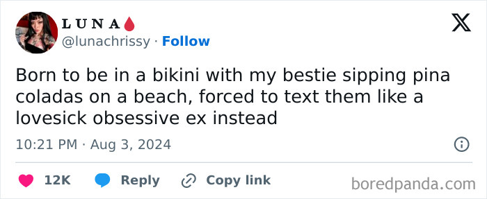 Tweet about feeling stuck texting an ex instead of enjoying life, capturing relatable moments navigating the world as just a girl.