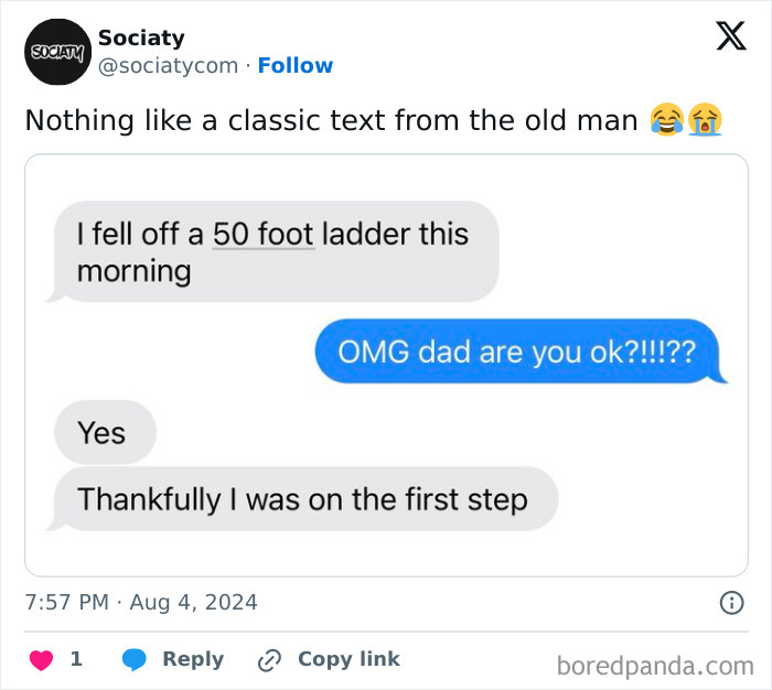 Text message joke about falling off a ladder, featured in funny British jokes and memes about rent prices in London.