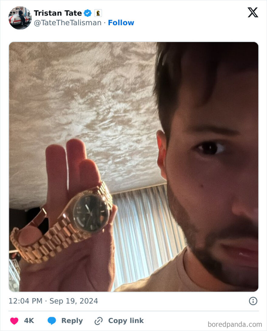 Tristan Tate holding a gold watch indoors, highlighting luxury and legal turmoil impacting his net worth in 2025.