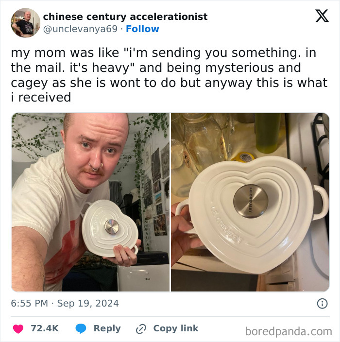 Man holding a heart-shaped Le Creuset pot received as a funny and wholesome gift from his mom.