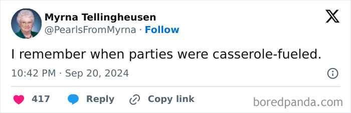 Twitter post by internet’s funniest grandma sharing a witty joke, showcasing her sharp humor and knitting needle wit.