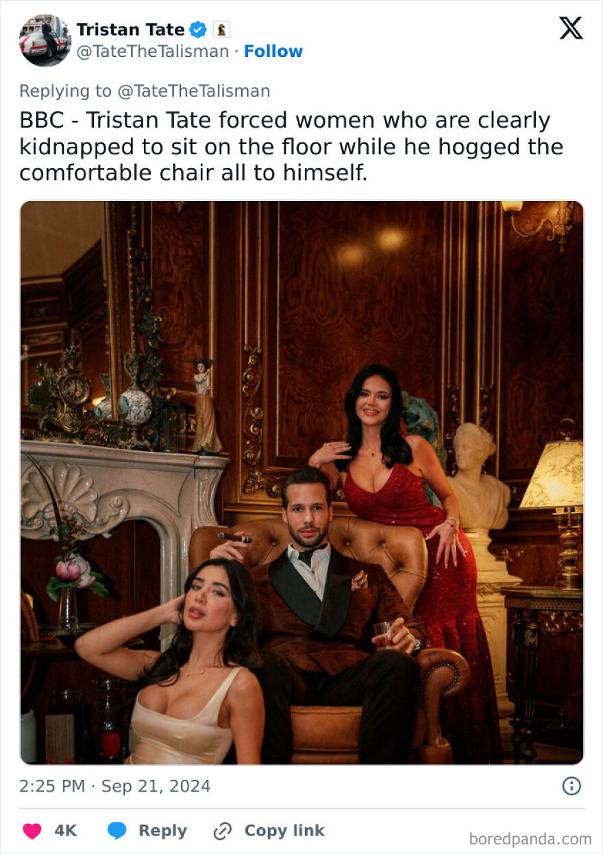 Tristan Tate sitting in a leather chair with two women in an ornate room reflecting his net worth amid legal turmoil.