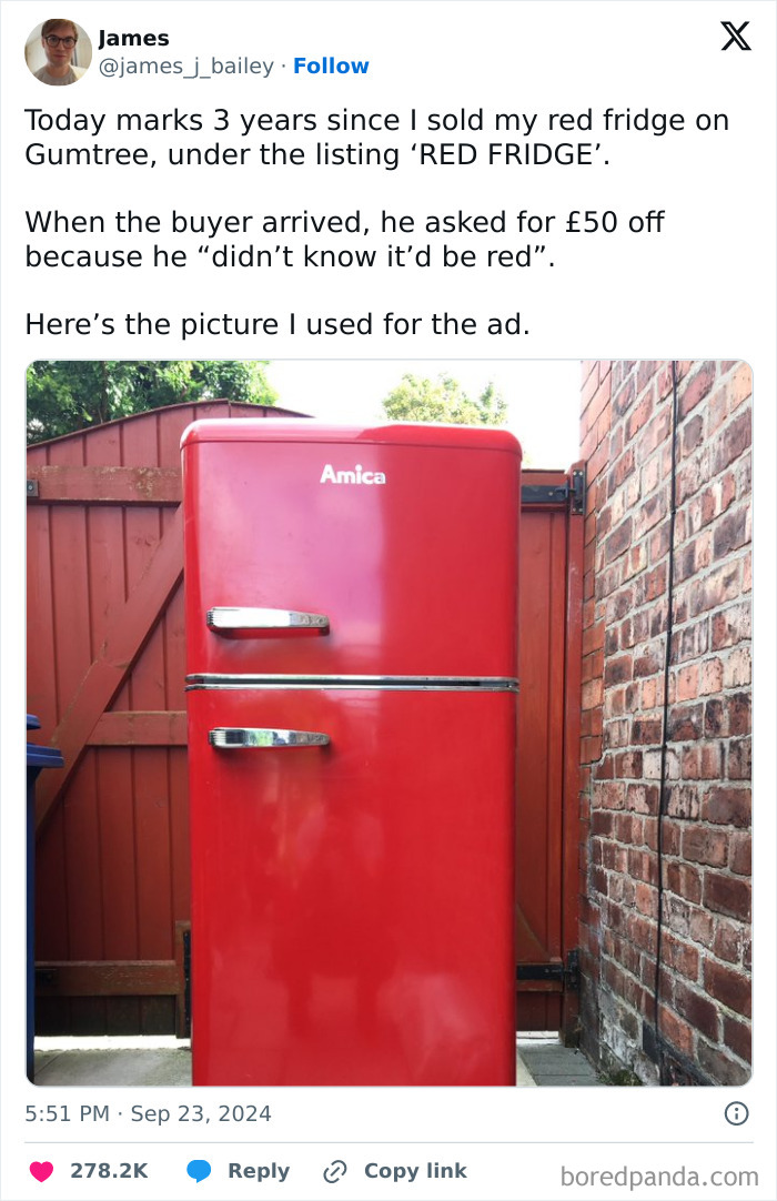 Red fridge displayed outdoors against wooden gate and brick wall, featured in a viral meme from a popular chaos meme page.