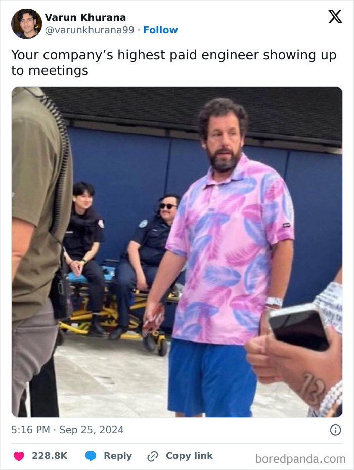 Man in colorful shirt and shorts humorously portrayed as a programmer in funny memes created when not coding.