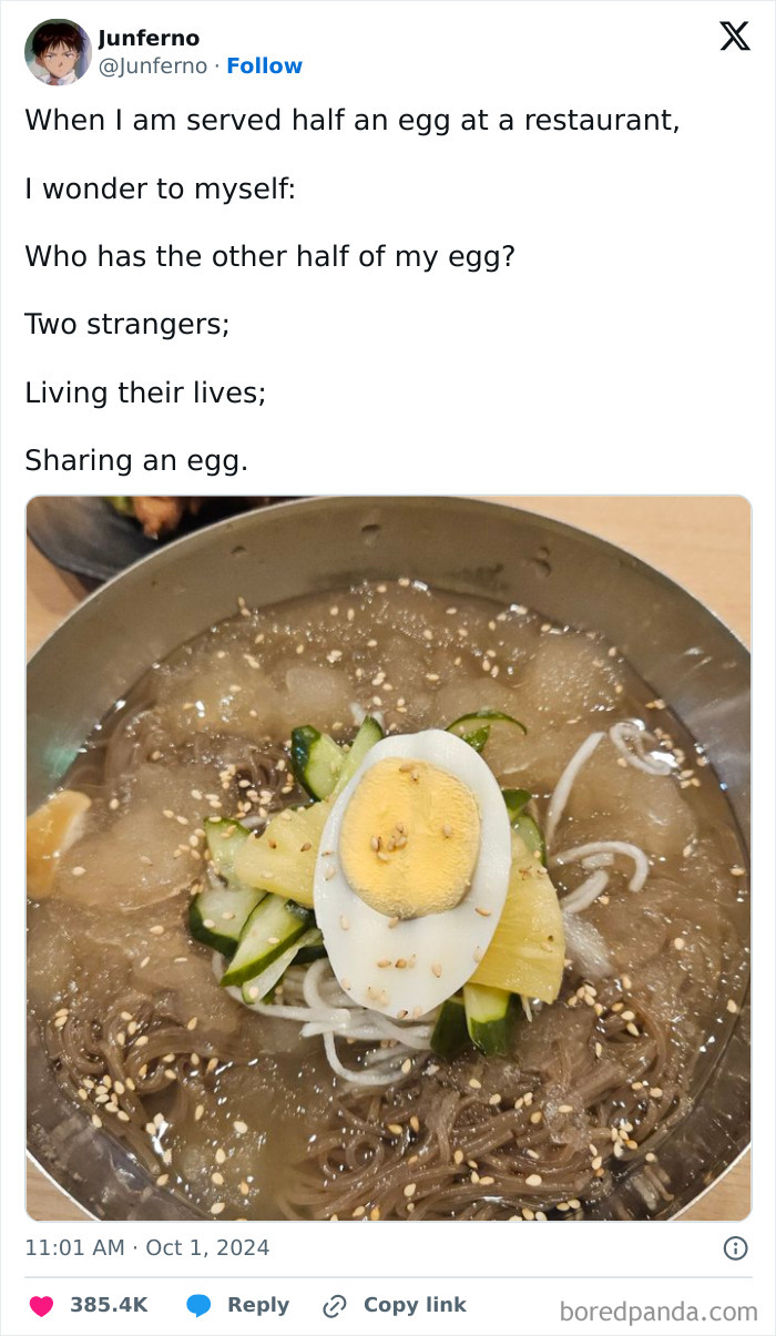Tweet about sharing half an egg with strangers paired with a cold noodle dish, illustrating viral memes chaos concept.