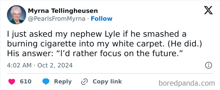 Tweet from internet’s funniest grandma sharing a sharp and witty joke about her nephew and a burning cigarette.