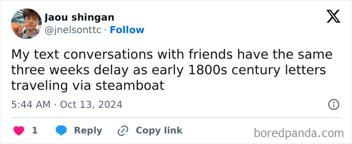 Screenshot of a humorous tweet comparing modern text conversations to slow 1800s letters, reflecting funny internet truth winning.