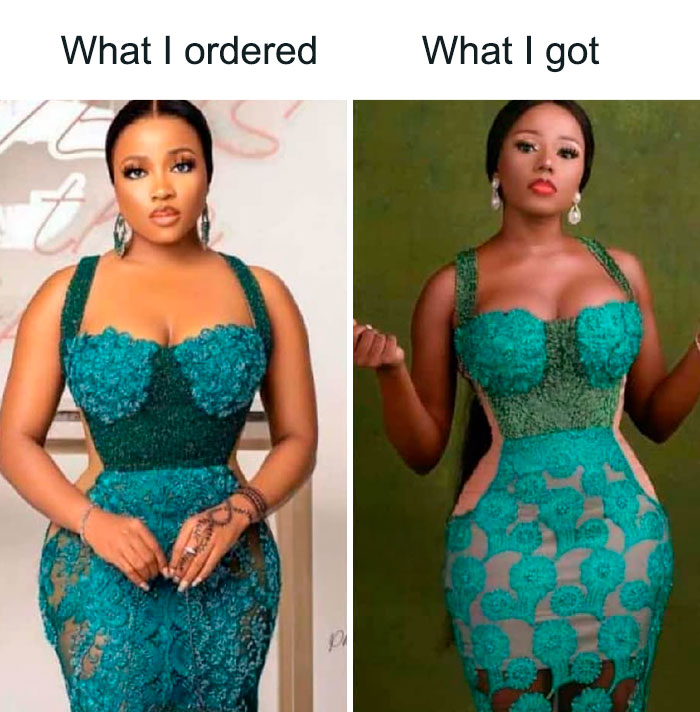 Side-by-side comparison of a woman in a green dress showing what she ordered versus what she got in a hilarious fail.