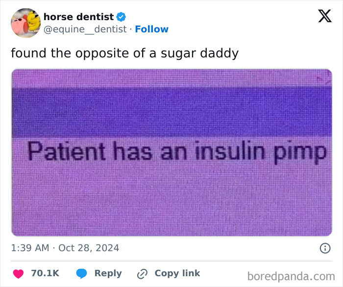 Social media post showing a humorous medical meme about a patient with an insulin pump capturing medicine work struggles.