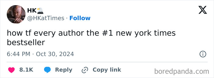 Tweet screenshot showing a humorous statement about authors and New York Times bestsellers, illustrating people hilariously speaking their truth.