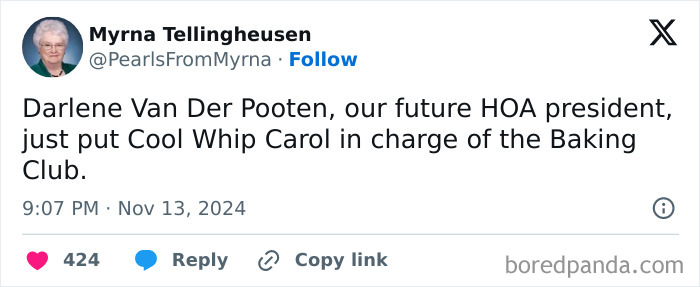 Screenshot of a tweet by the internet’s funniest grandma sharing a witty joke about HOA and Baking Club.