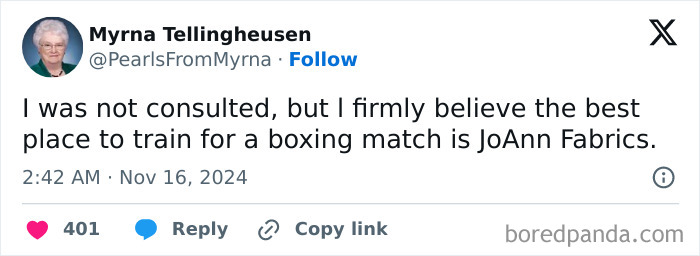 Social media post from internet’s funniest grandma sharing a sharp joke about boxing training at JoAnn Fabrics.
