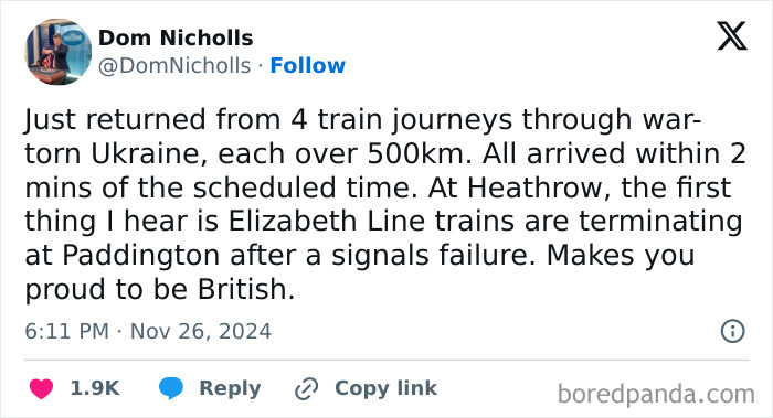Tweet about train journeys and delays at Heathrow, featured in great London memes highlighting UK humor and travel experiences.
