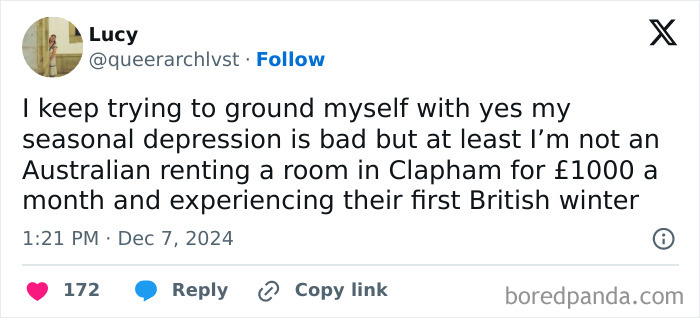 Tweet about seasonal depression and renting a room in Clapham, featured in Great London Memes UK humor post.
