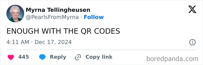 Internet’s funniest grandma tweeting a sharp joke about QR codes with a humorous and bold tone.