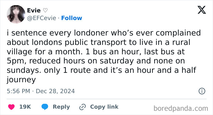 Screenshot of a Great London Memes post humorously criticizing rural public transport compared to London’s system.