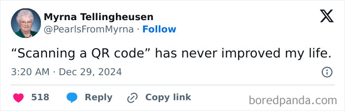 Screenshot of a tweet by a witty grandma on social media sharing a humorous take on scanning QR codes.