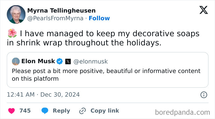 Screenshot of internet’s funniest grandma tweeting a witty joke about decorative soaps and holiday humor.