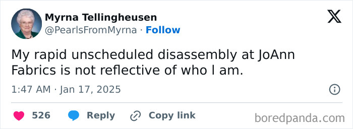 Screenshot of a social media post by the internet’s funniest grandma sharing a witty comment with sharp humor.