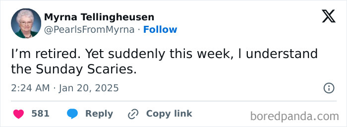 Older woman known as internet’s funniest grandma sharing a witty tweet about retirement and Sunday Scaries.