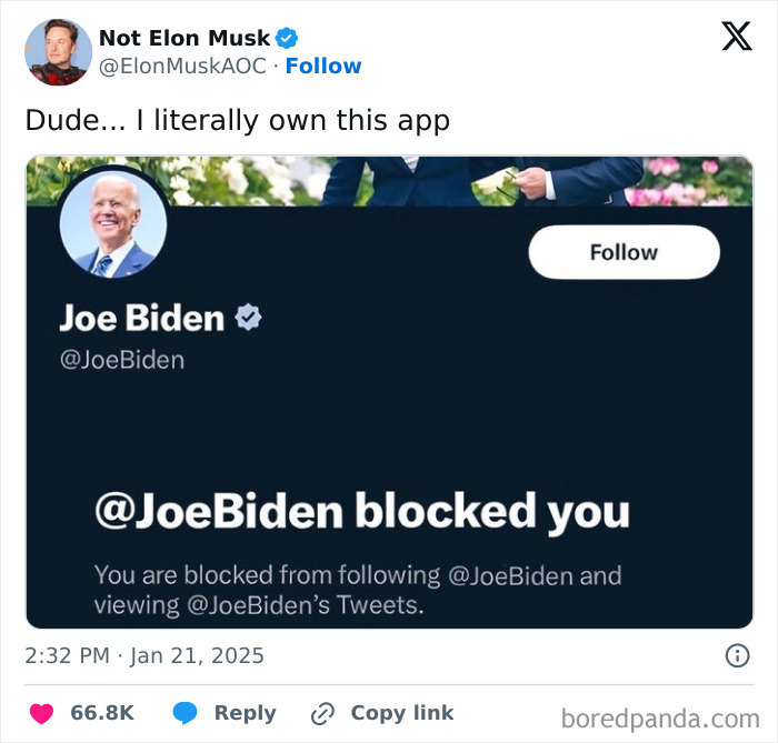 Screenshot of a bold tweet showing a parody account claiming ownership after being blocked by Joe Biden on Twitter.