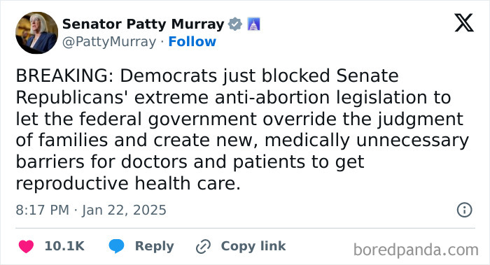 Tweet by Senator Patty Murray highlighting Democrats blocking Senate Republicans' anti-abortion bill, showing courage to speak out.