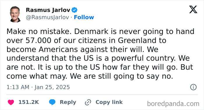 Tweet showing courage with a bold statement about Denmark and Greenland amid US power challenges.