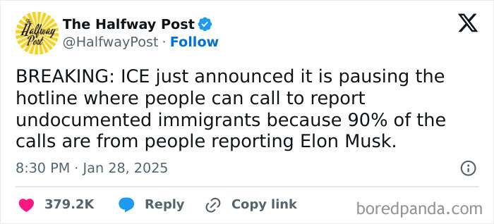 Tweet showing courage with a bold statement about ICE hotline pause and people reporting Elon Musk on social media.