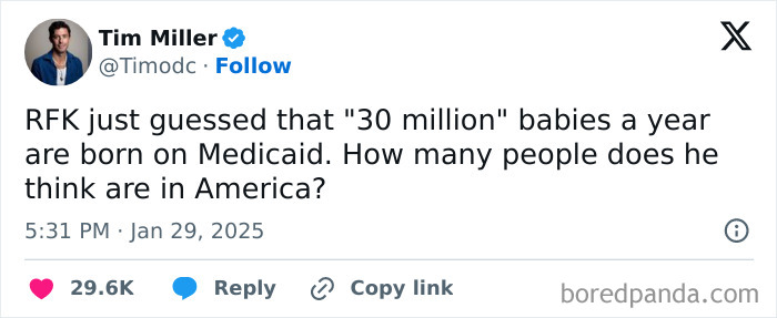 Tweet showing a bold statement questioning Medicaid statistics by Tim Miller, illustrating courage in online discussions.