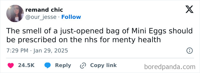 Tweet about the smell of Mini Eggs being good for mental health, featured in Great London Memes UK humor posts.